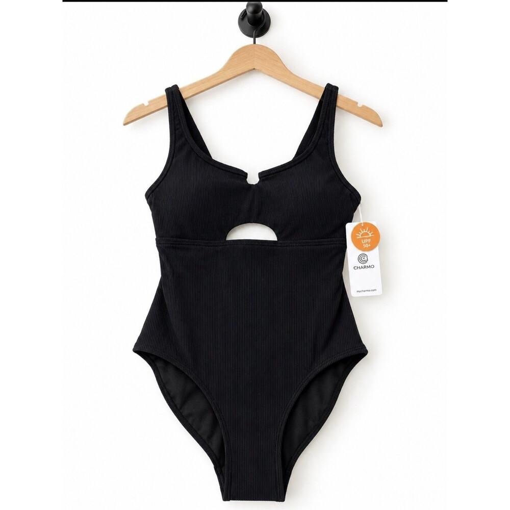 Charmo Women's Black Ribbed One Piece Swimsuit UPF 50+ NWT Cutout Med